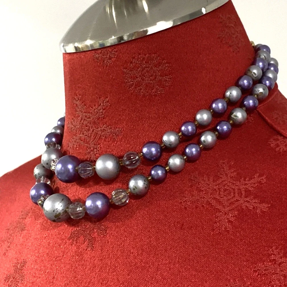 Vintage Mid Century Two Strand Choker Necklace Purple Gray Beaded Signed Japan